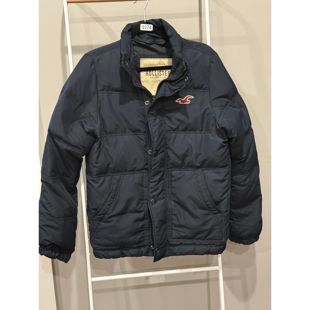 Hollister California Mens Navy Blue Down Fill Puffer Jacket‎ Small Logo Coat Y2K